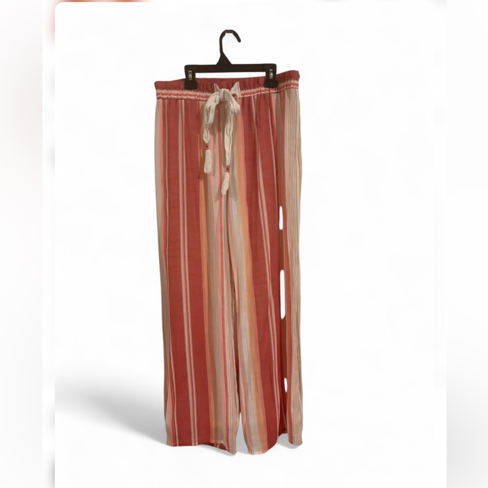 New Directions sz Medium coral pink white Palazzo pants wide leg elastic waist - Picture 2 of 11